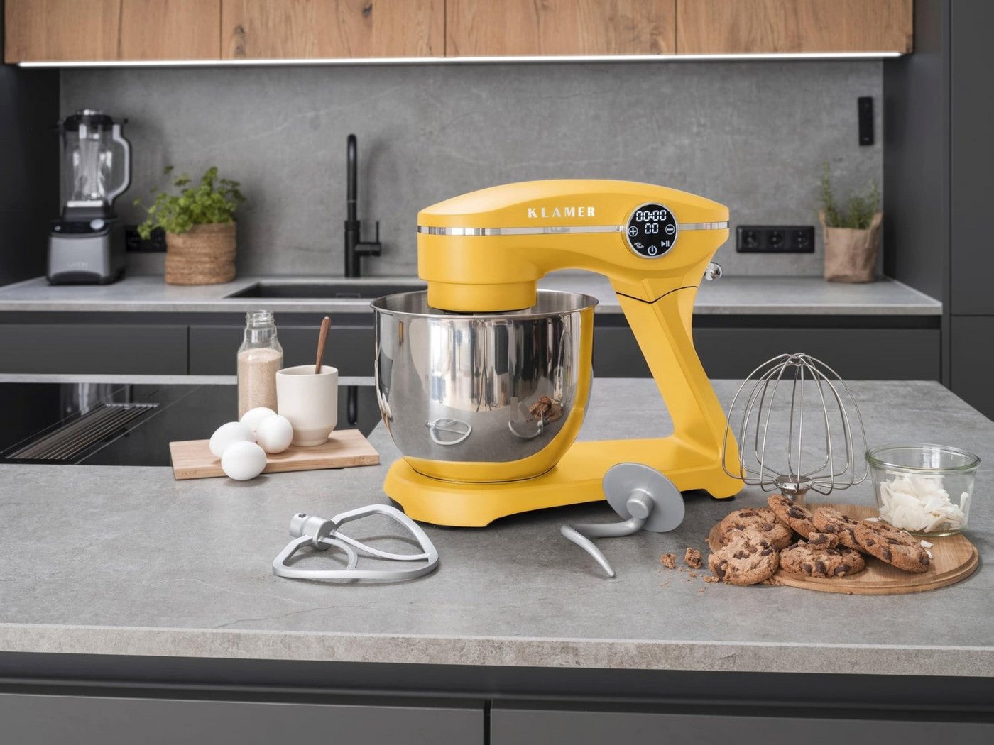 KLAMER Küchenmaschine 1800W, Knetmaschine mit 6 Liter Edelstahl Schüssel, 10 Geschwindigkeitsstufen mit Timer, Rührbesen, Knethaken, Schneebesen und Spritzschut – Bild 3 von 5
