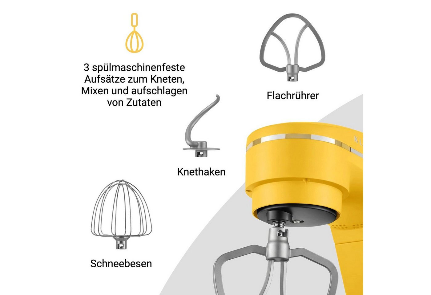 KLAMER Küchenmaschine 1800W, Knetmaschine mit 6 Liter Edelstahl Schüssel, 10 Geschwindigkeitsstufen mit Timer, Rührbesen, Knethaken, Schneebesen und Spritzschut – Bild 5 von 5