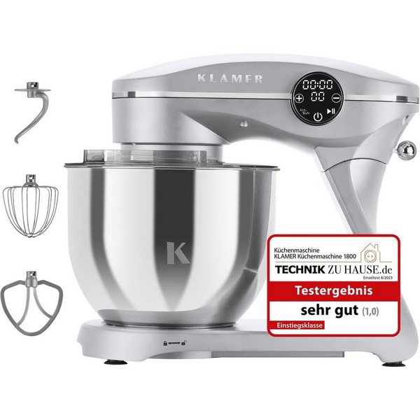 KLAMER Küchenmaschine 1800W, 6L Edelstahl-Schüssel, Knetmaschine mit 10 Geschwindigkeiten & Timer, silber, 1800 W, 6 l Schüssel, Spritzschutz, 3 Werkzeuge, Saug