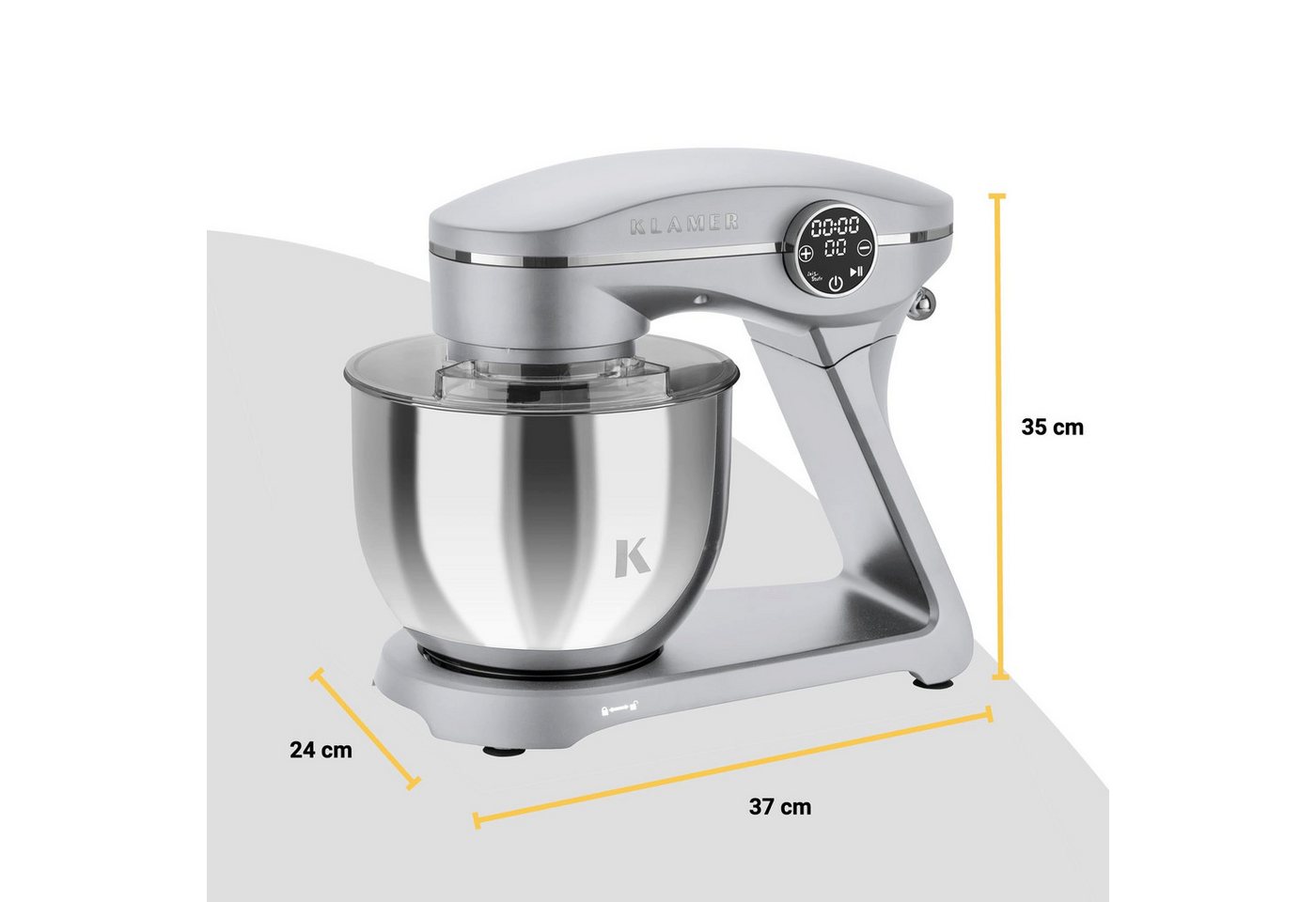 KLAMER Küchenmaschine 1800W, 6L Edelstahl-Schüssel, Knetmaschine mit 10 Geschwindigkeiten & Timer, silber, 1800 W, 6 l Schüssel, Spritzschutz, 3 Werkzeuge, Saug – Bild 2 von 5