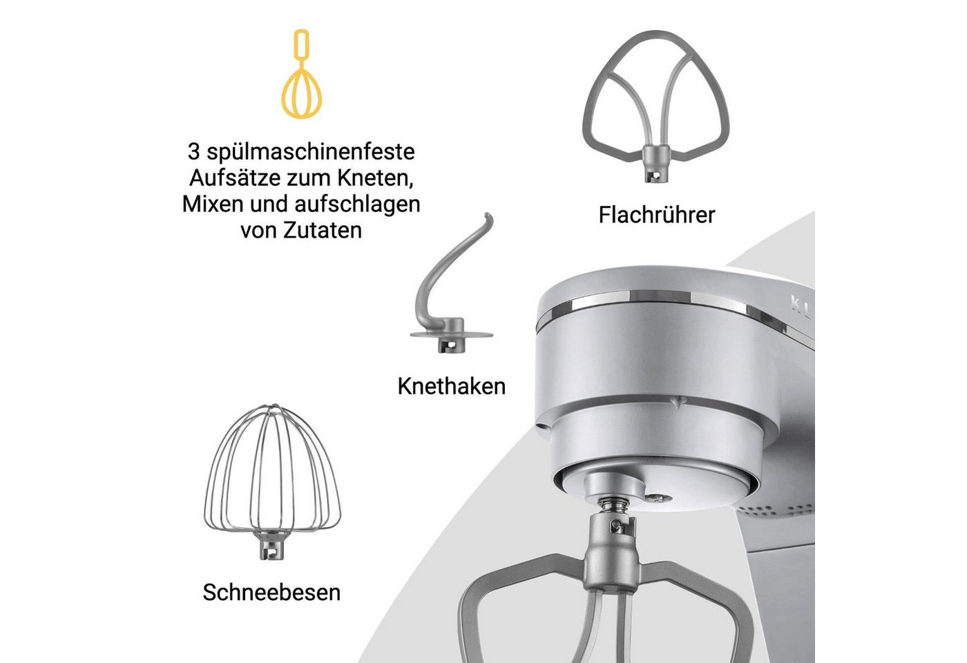 KLAMER Küchenmaschine 1800W, 6L Edelstahl-Schüssel, Knetmaschine mit 10 Geschwindigkeiten & Timer, silber, 1800 W, 6 l Schüssel, Spritzschutz, 3 Werkzeuge, Saug – Bild 5 von 5