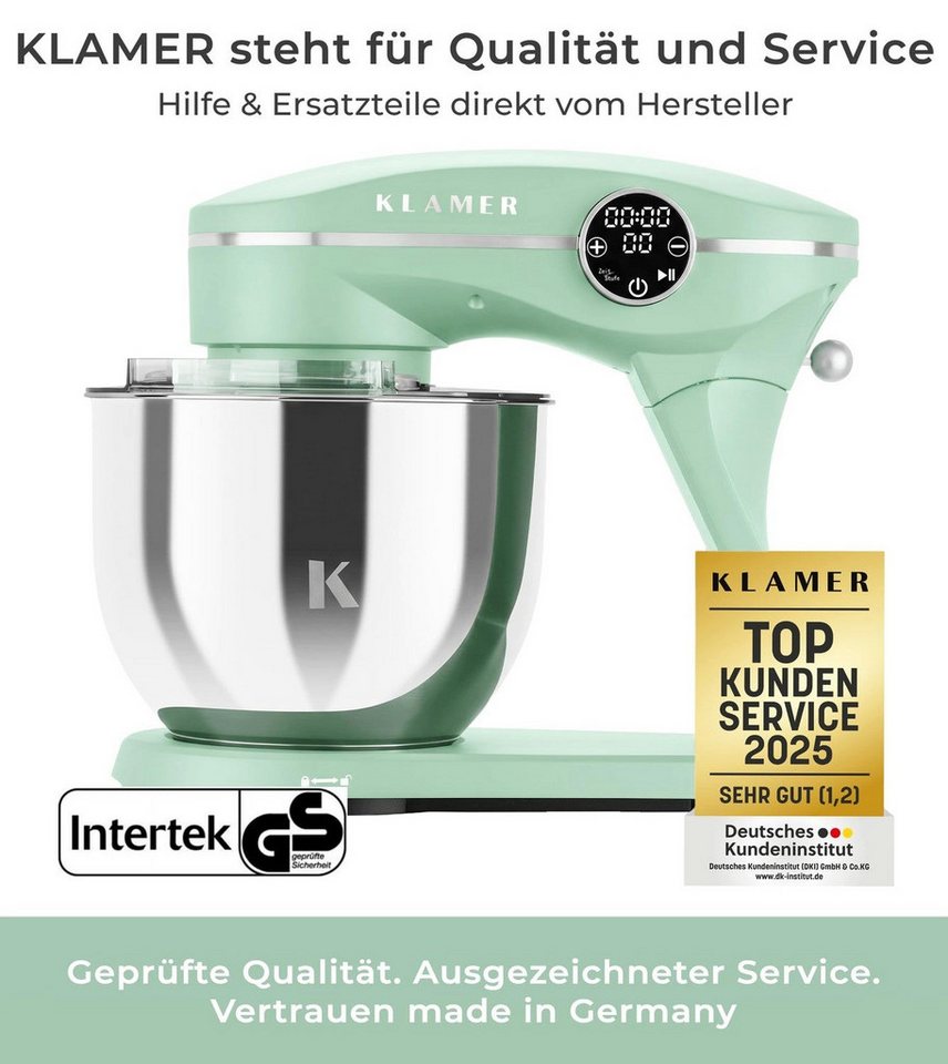 KLAMER Küchenmaschine 1800W, Knetmaschine mit 6 Liter Edelstahl Schüssel, 10 Geschwindigkeitsstufen mit Timer, Rührbesen, Knethaken, Schneebesen und Spritzschut – Bild 2 von 5