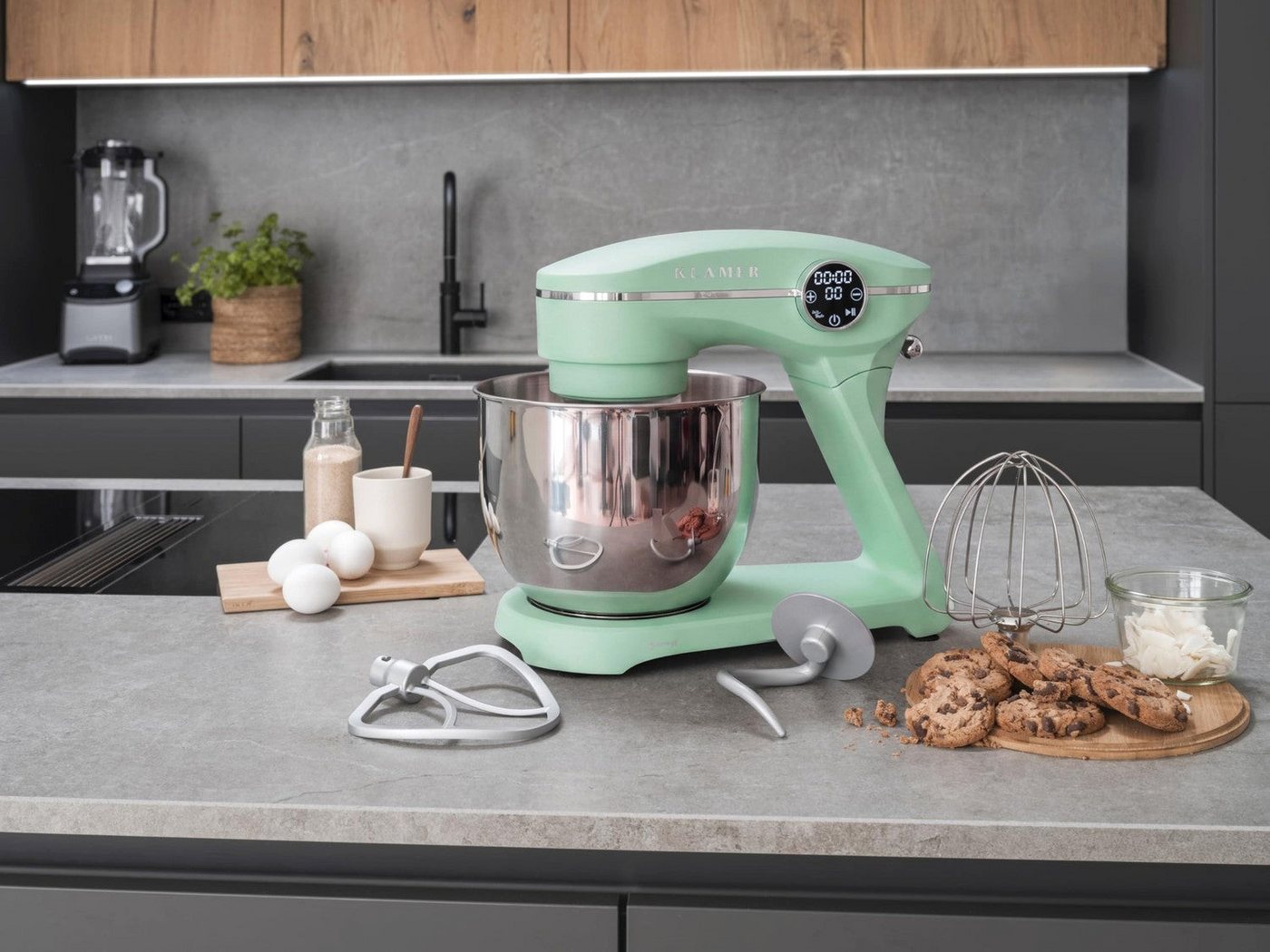 KLAMER Küchenmaschine 1800W, Knetmaschine mit 6 Liter Edelstahl Schüssel, 10 Geschwindigkeitsstufen mit Timer, Rührbesen, Knethaken, Schneebesen und Spritzschut – Bild 3 von 5