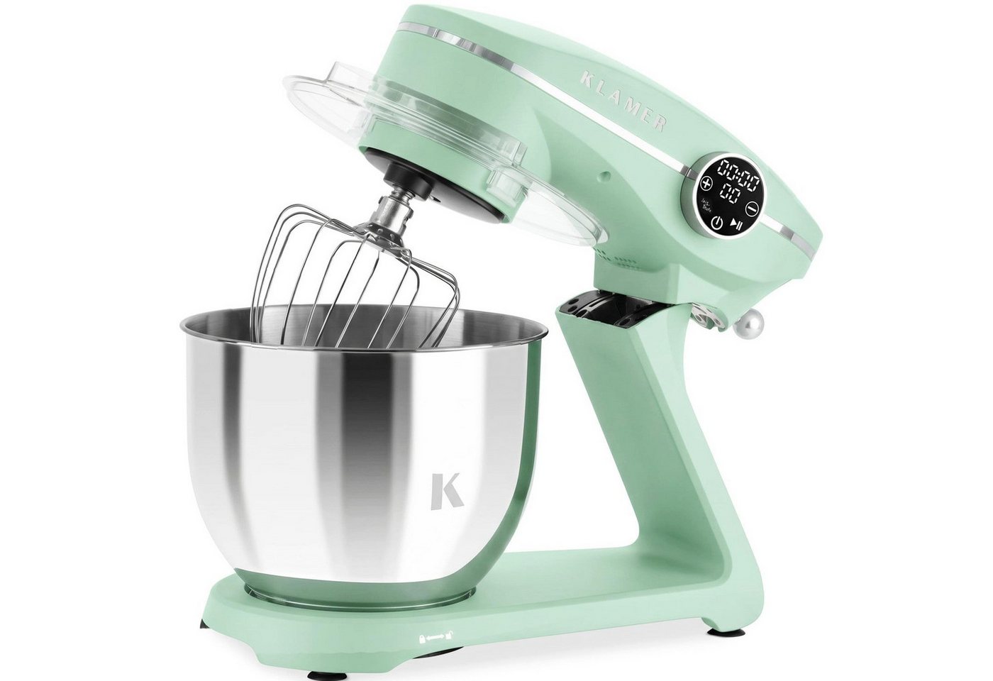 KLAMER Küchenmaschine 1800W, Knetmaschine mit 6 Liter Edelstahl Schüssel, 10 Geschwindigkeitsstufen mit Timer, Rührbesen, Knethaken, Schneebesen und Spritzschut – Bild 4 von 5