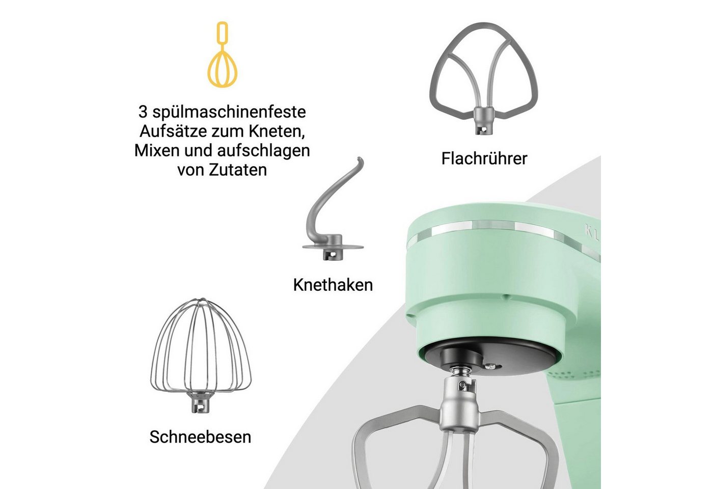 KLAMER Küchenmaschine 1800W, Knetmaschine mit 6 Liter Edelstahl Schüssel, 10 Geschwindigkeitsstufen mit Timer, Rührbesen, Knethaken, Schneebesen und Spritzschut – Bild 5 von 5