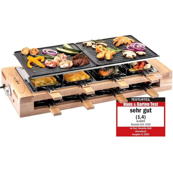 KLAMER Raclette 8 Personen, 1500W Raclette Grill mit Holzgestell, Raclette mit antiha…, 8 Raclettepfännchen