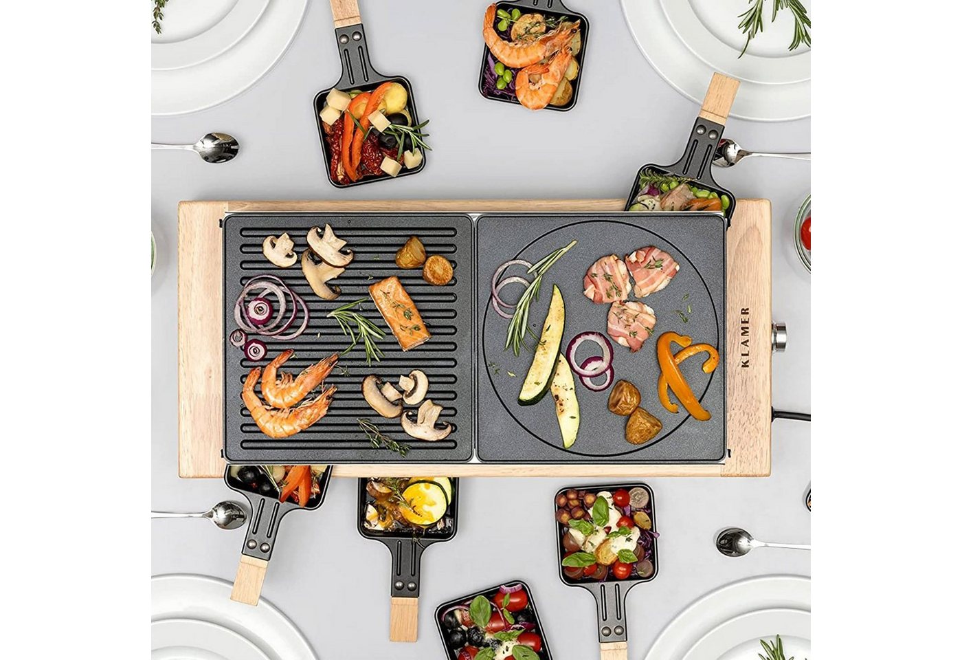 KLAMER Raclette 8 Personen, 1500W Raclette Grill mit Holzgestell, Raclette mit antiha…, 8 Raclettepfännchen – Bild 2 von 5