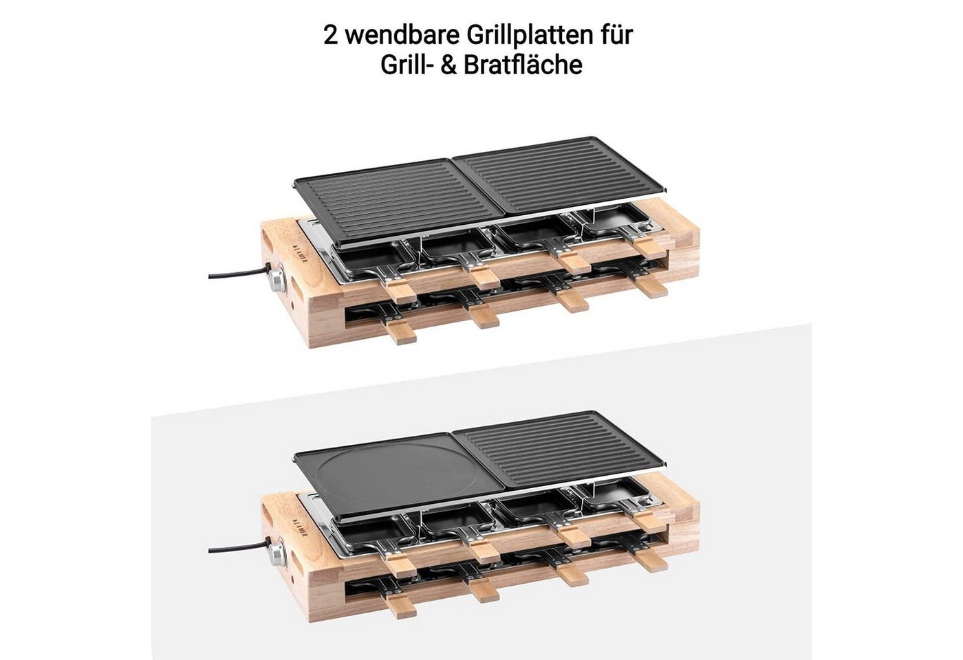 KLAMER Raclette 8 Personen, 1500W Raclette Grill mit Holzgestell, Raclette mit antiha…, 8 Raclettepfännchen – Bild 4 von 5