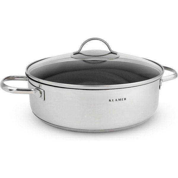 KLAMER Servierpfanne mit Deckel 28cm Induktion, antihaftbeschichteter Edelstahl Schmortopf…, Edelstahl, Güteglasdeckel, tropffrei abgießen
