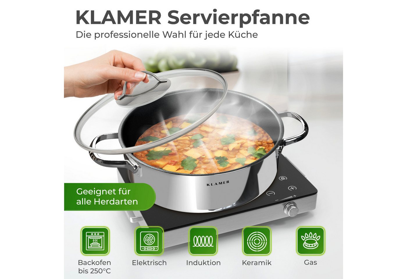 KLAMER Servierpfanne mit Deckel 28cm Induktion, antihaftbeschichteter Edelstahl Schmortopf…, Edelstahl, Güteglasdeckel, tropffrei abgießen – Bild 2 von 5