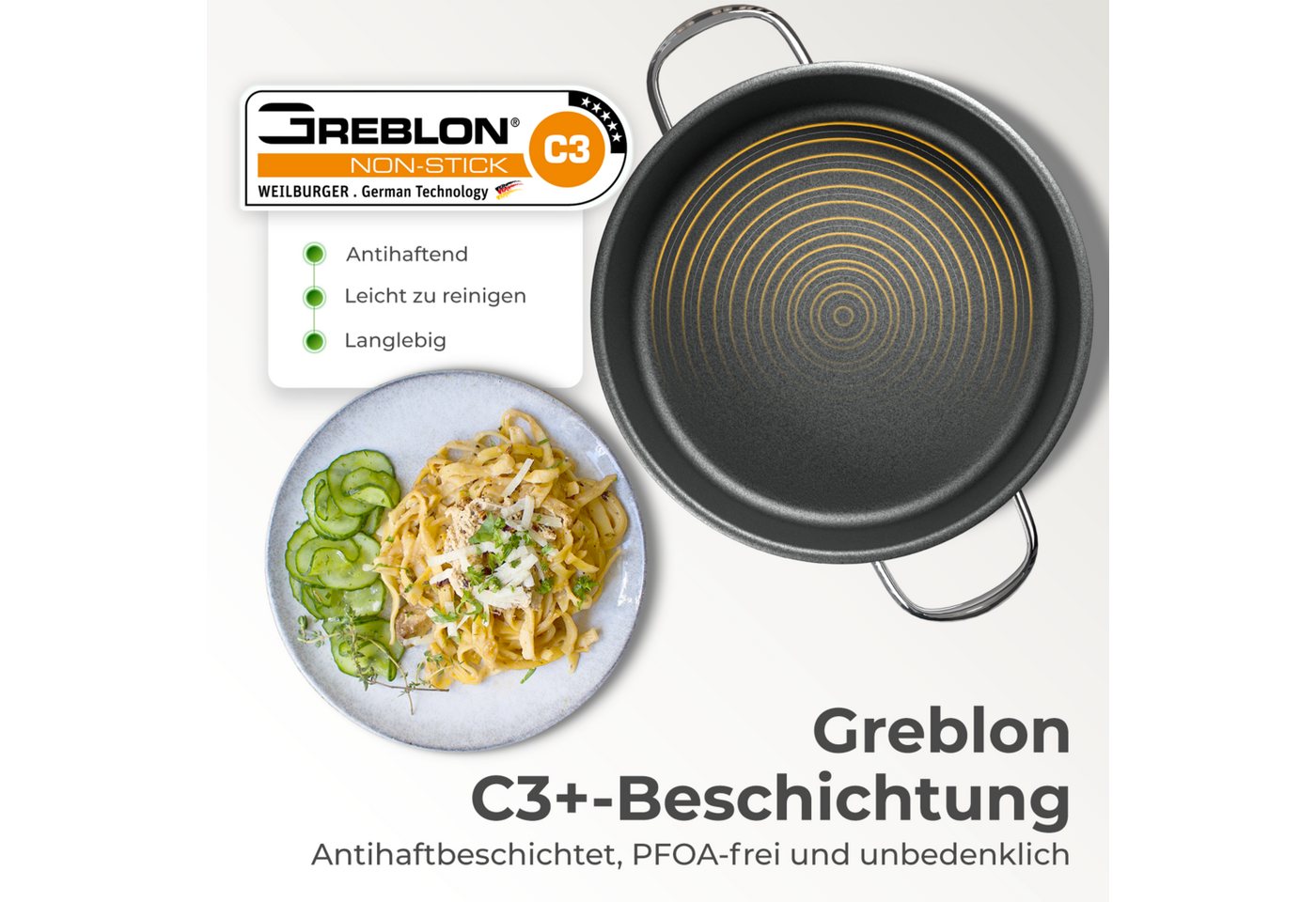 KLAMER Servierpfanne mit Deckel 28cm Induktion, antihaftbeschichteter Edelstahl Schmortopf…, Edelstahl, Güteglasdeckel, tropffrei abgießen – Bild 3 von 5