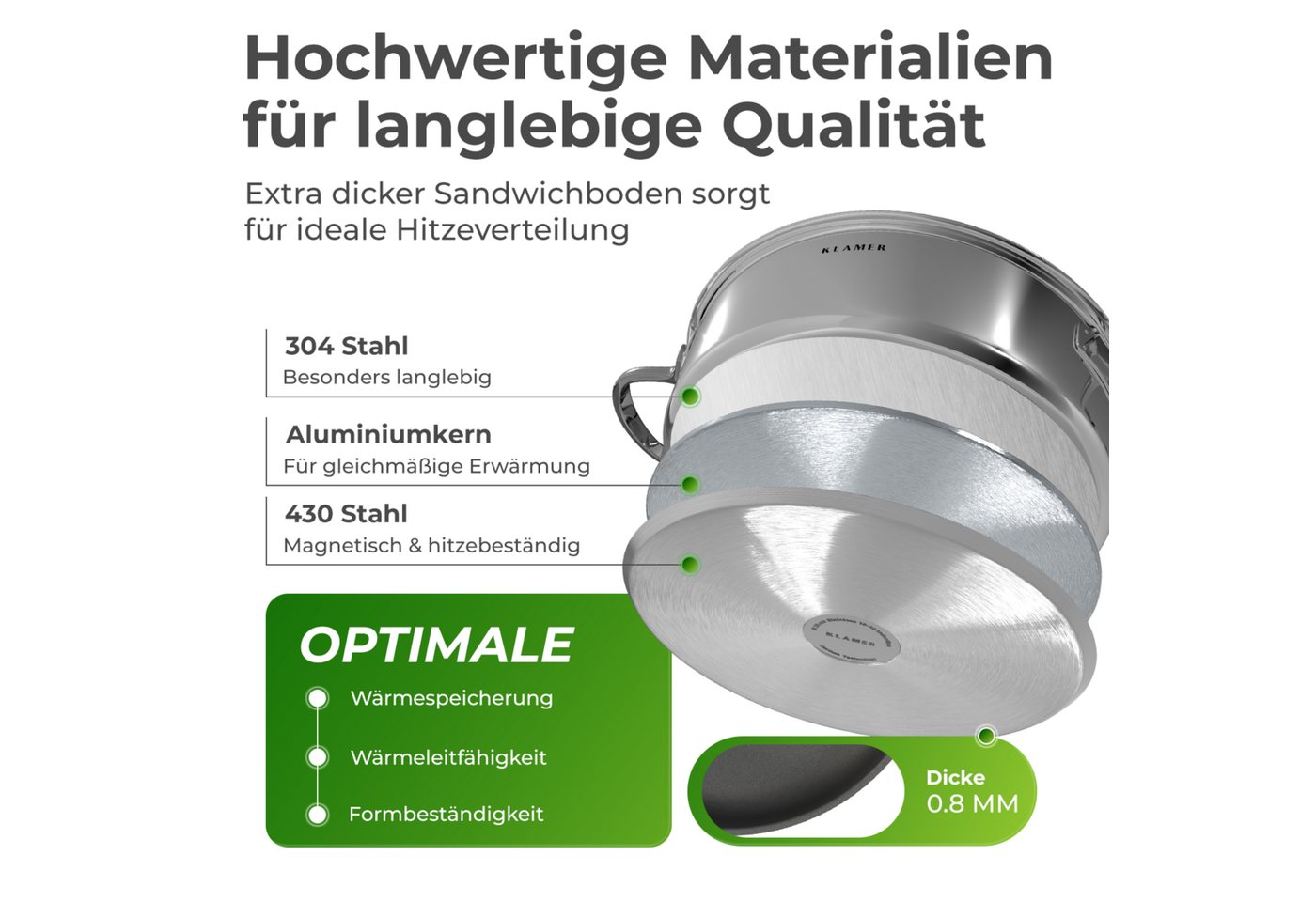 KLAMER Servierpfanne mit Deckel 28cm Induktion, antihaftbeschichteter Edelstahl Schmortopf…, Edelstahl, Güteglasdeckel, tropffrei abgießen – Bild 5 von 5