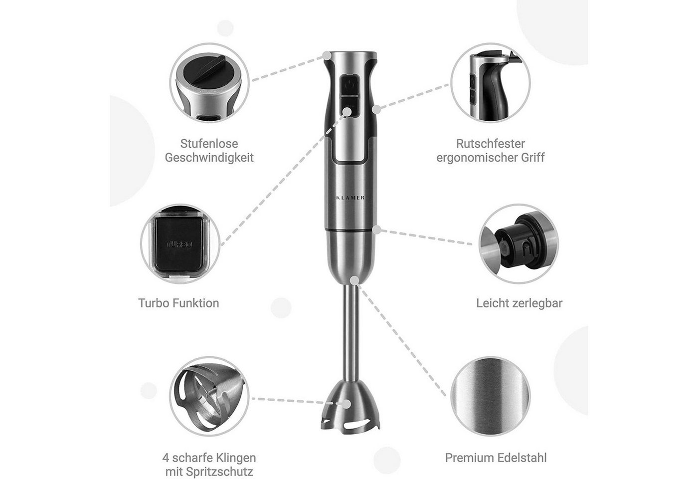 KLAMER Stabmixer Set 800 Watt, 4 in 1 Pürierstab Edelstahl mit stufenloser Geschwindig…, 800 W, Kindersicher, stufenlos regelbar, Quick-Lock-Turn-System, 4 Klin – Bild 2 von 5