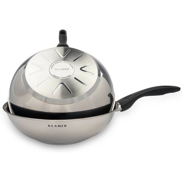 KLAMER Wok Edelstahl 28cm, antihaftbeschichtete Induktions-Pfanne, mit hohem Ran…, Edelstahl, Güteglasdeckel, tropffrei abgießen