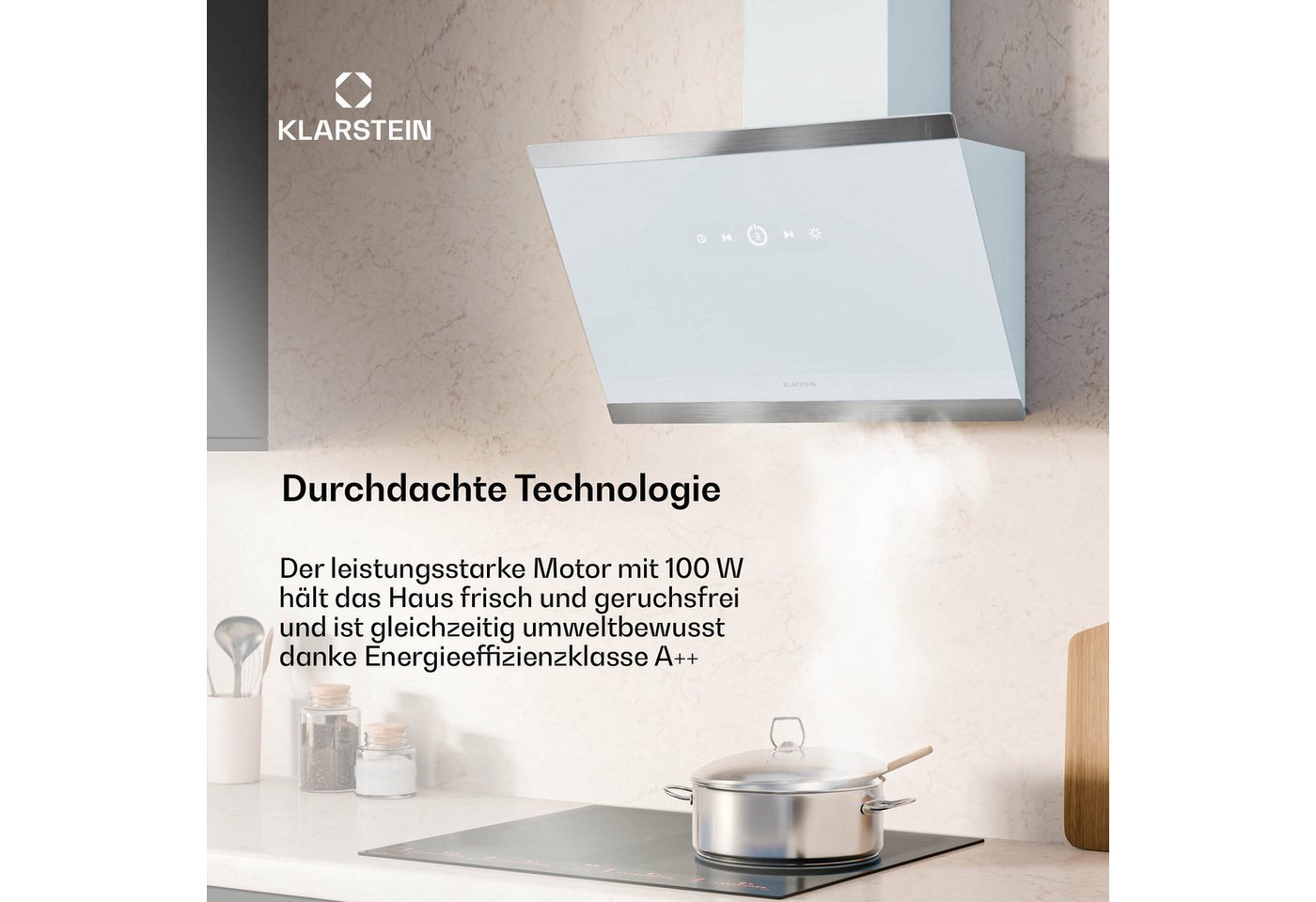 Klarstein Deckenhaube FlashLine Serie FlashLine Dunstabzugshaube A++ 524 m³/h 100W BLDC 3 Stufen Touch LED Abzugshaube Küche Abzughaube Abluft Umluft mit Edelst – Bild 4 von 5