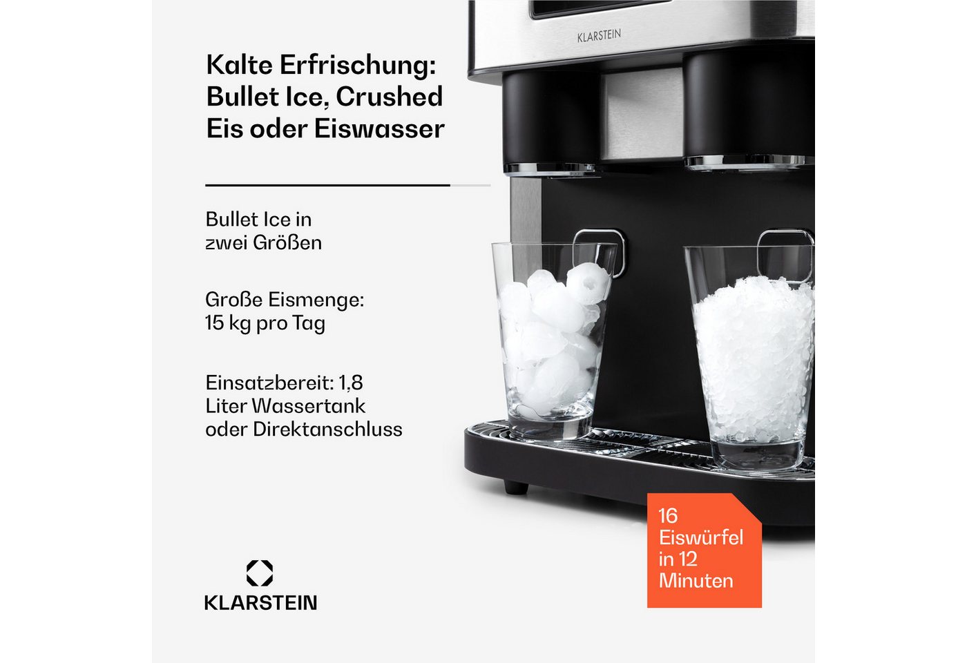 Klarstein Eiswürfelmaschine Eiszeit Crush Eiswürfelmaschine 15 kg/24h 2 Größen Crushed Ice, Eiswürfelmaschine mit Crushed Ice Eiswürfelbereiter Ice Cube Maker – Bild 3 von 5