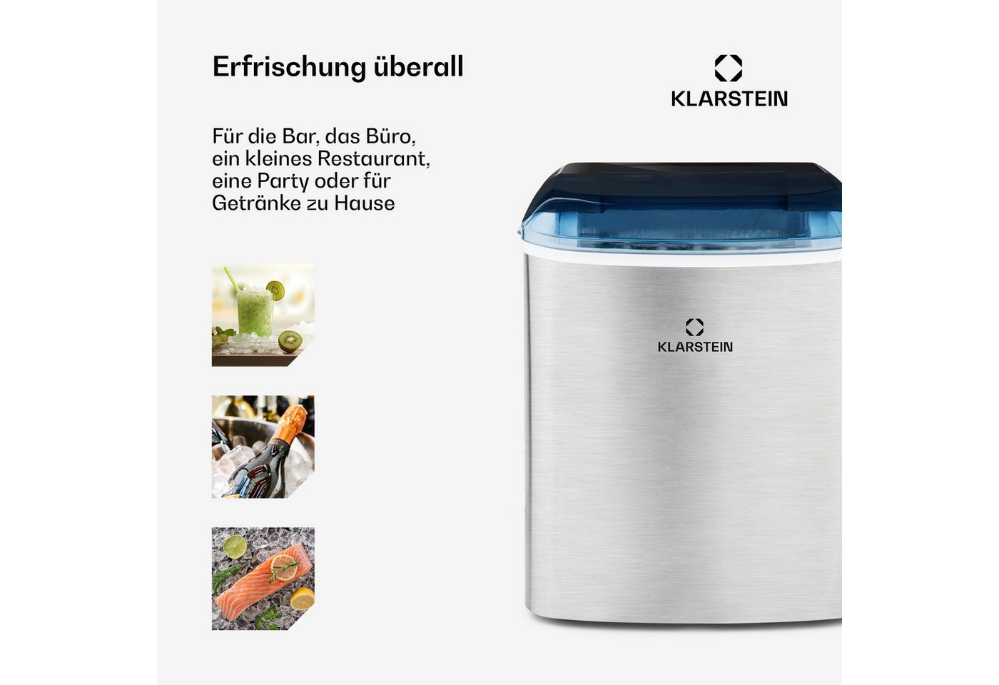 Klarstein Eiswürfelmaschine On-The-Rocks Eiswürfelbereiter, Edelstahl Bulleteis für Zuhause 12kg/Tag LED 2,1 L Eiswürfelgerät – Bild 5 von 5