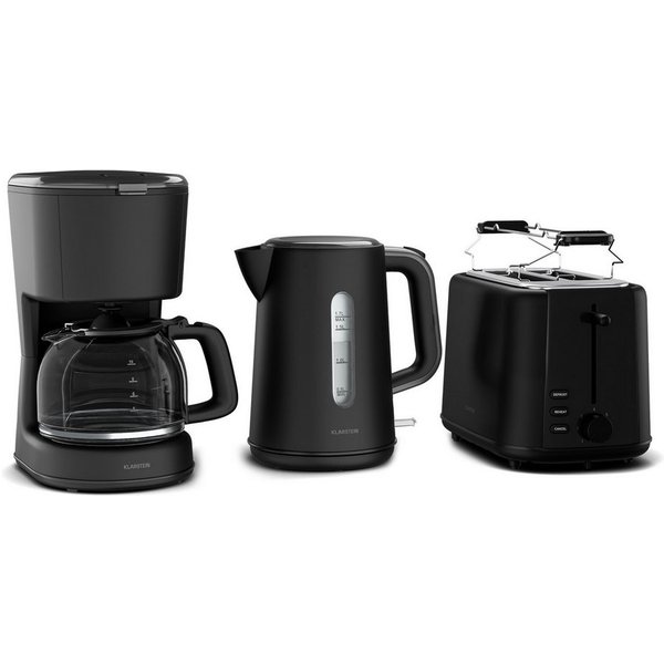 Klarstein Frühstücks-Set Velaire (3-tlg), Toaster 800W Wasserkocher 1,7 L 2200W Kaffeemaschinen 900W Schwarz