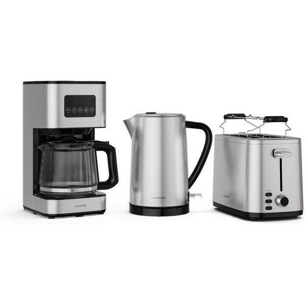 Klarstein Frühstücks-Set Verosteel (3-tlg), Toaster 800W Wasserkocher 1,7 L 2200W Kaffeemaschinen 900W Edelstahl