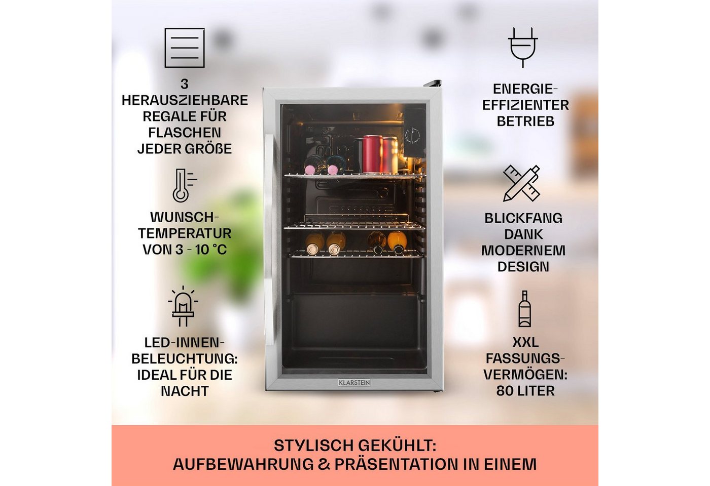 Klarstein Getränkekühlschrank Beersafe XXL Getränkekühlschrank 80 L Glastür Edelstahl 10027673, 84.5 cm hoch, 47.4 cm breit, Bier Hausbar Getränkekühlschrank Fl – Bild 3 von 5