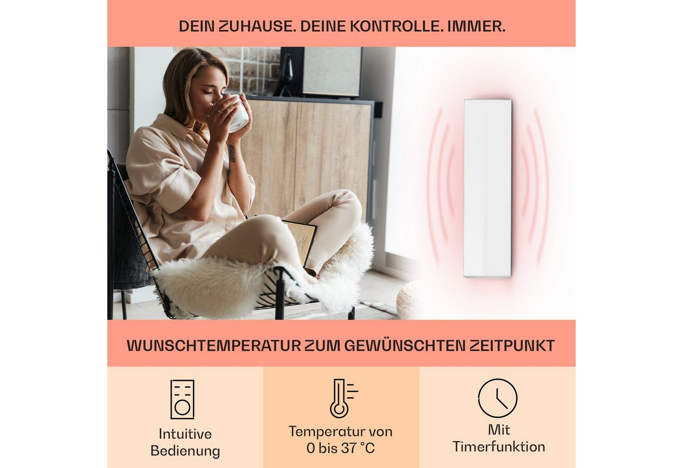Klarstein Heizkörper Wonderwall 30, elektrische Infrarotheizung mit Thermostat Bild elektrische Heizung – Bild 4 von 5