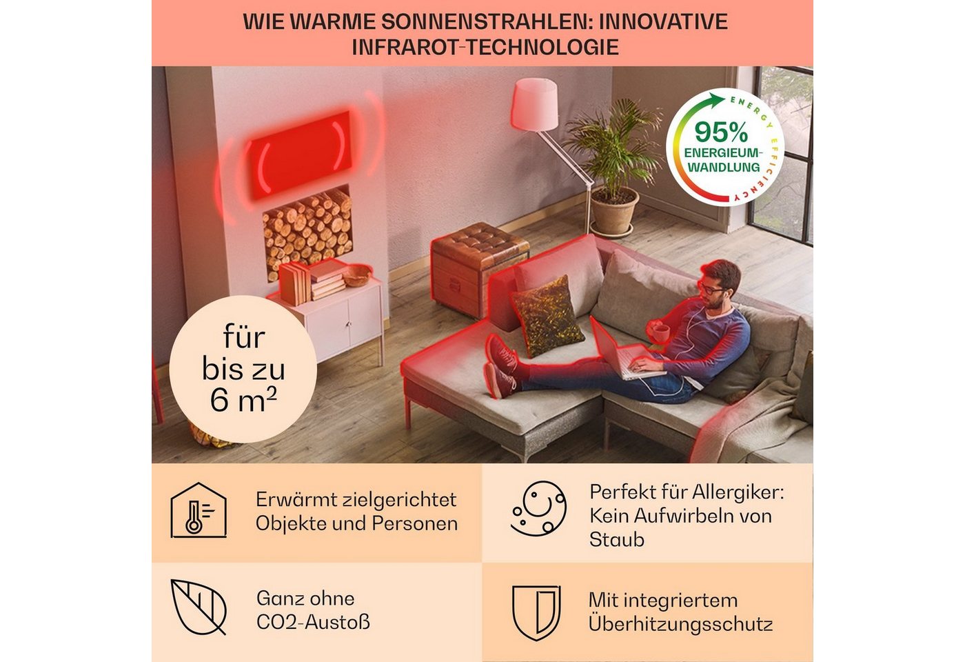 Klarstein Heizkörper Wonderwall 30, elektrische Infrarotheizung mit Thermostat Bild elektrische Heizung – Bild 5 von 5
