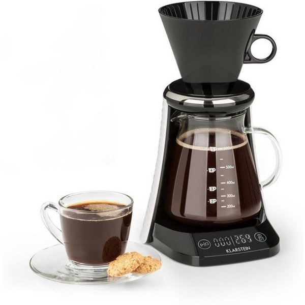 Klarstein Kaffeebereiter, 0.6l Kaffeekanne, coffee Waage Timer Glaskanne Filteraufsatz 600ml schwarz/weiß