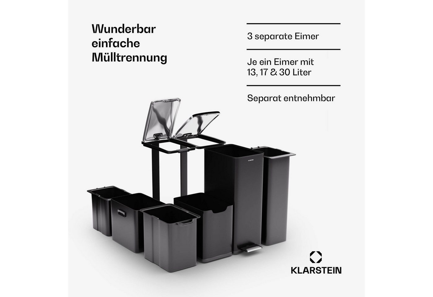 Klarstein Mülltrennsystem Tiyo, Mülleimer 3 Fach Treteimer Trash Bin 60L – Bild 4 von 5