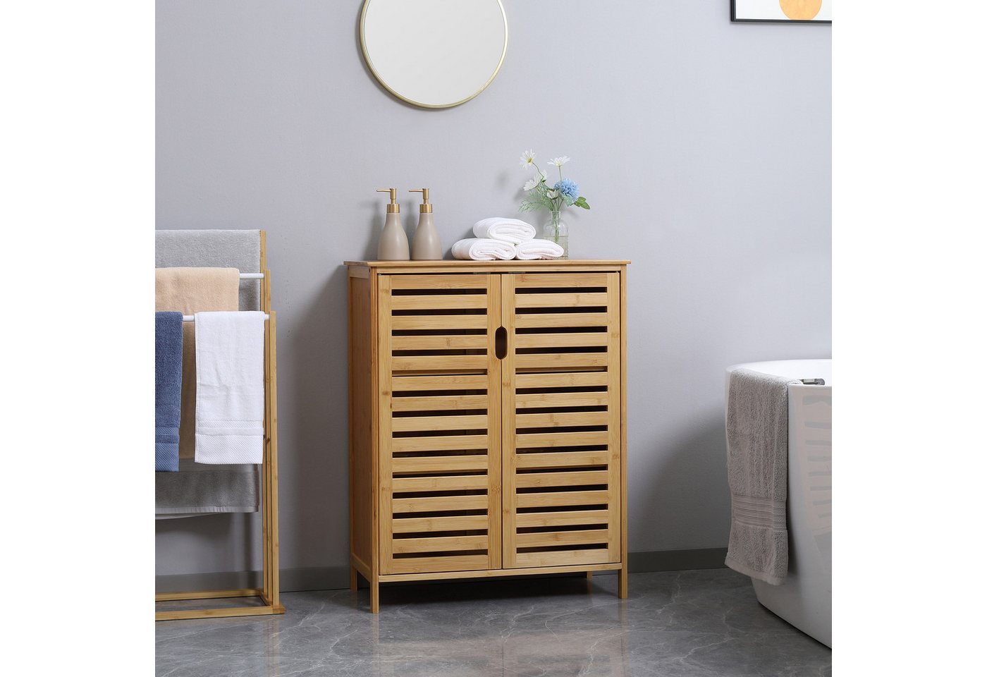 Kleankin Badkommode Badezimmerschrank, Badschrank (Beistellschrank mit 2 Lamellentüren, Innenregalen, 1 St., Bambus Aufbewahrungsschrank für Badezimmer), 68 x 3 – Bild 2 von 5