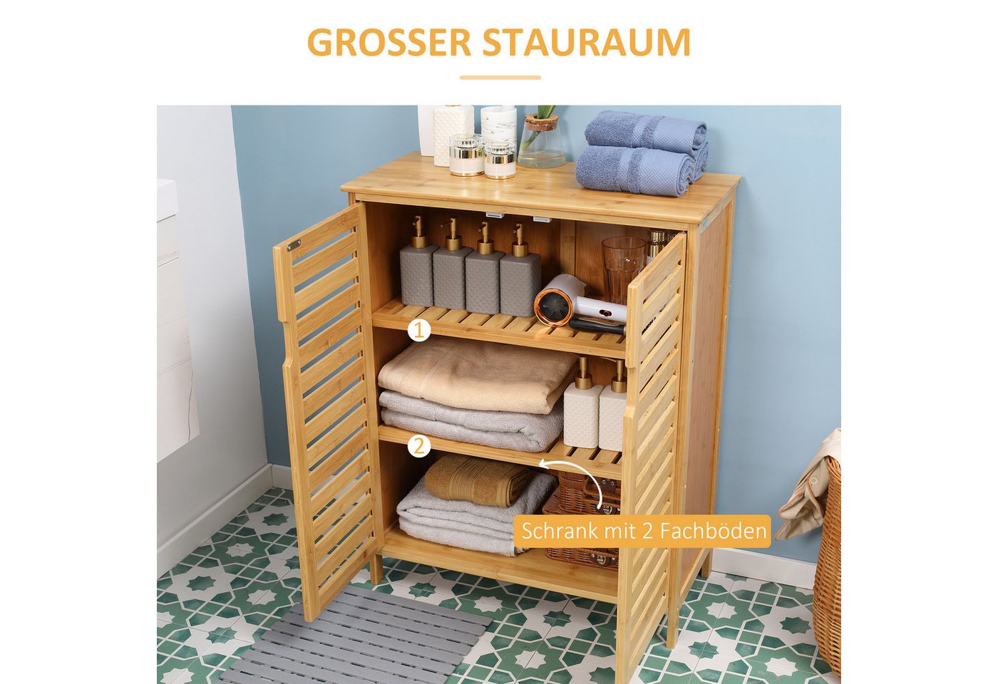 Kleankin Badkommode Badezimmerschrank, Badschrank (Beistellschrank mit 2 Lamellentüren, Innenregalen, 1 St., Bambus Aufbewahrungsschrank für Badezimmer), 68 x 3 – Bild 4 von 5