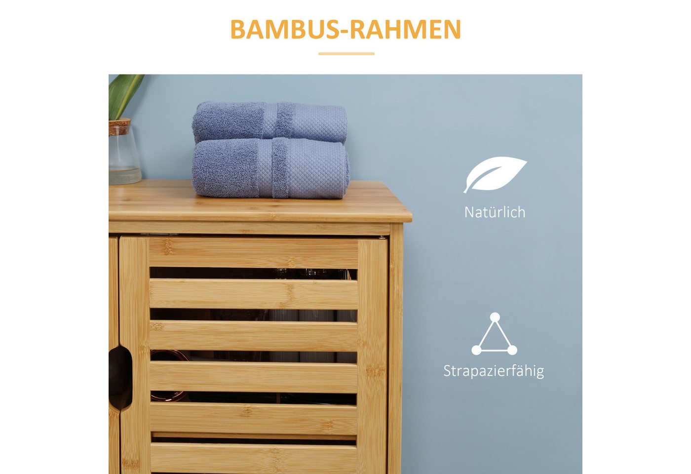 Kleankin Badkommode Badezimmerschrank, Badschrank (Beistellschrank mit 2 Lamellentüren, Innenregalen, 1 St., Bambus Aufbewahrungsschrank für Badezimmer), 68 x 3 – Bild 5 von 5