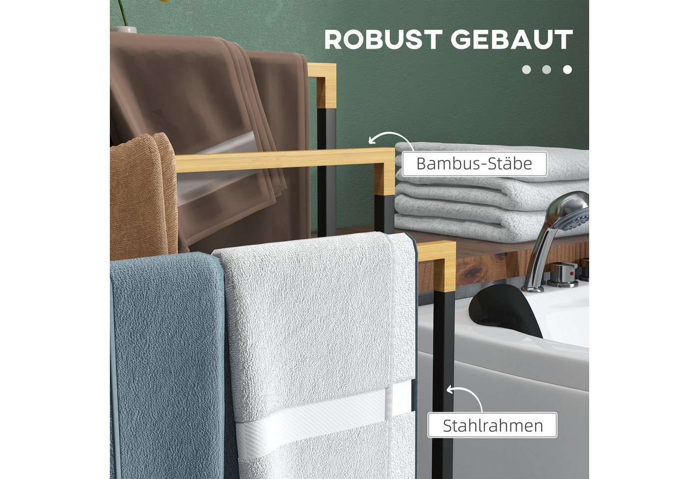 Kleankin Handtuchhalter Stehend Handtuchständer, Handtücher, Badetücher, für Badezimmer, Stahl, Bambus, Schwarz – Bild 5 von 5