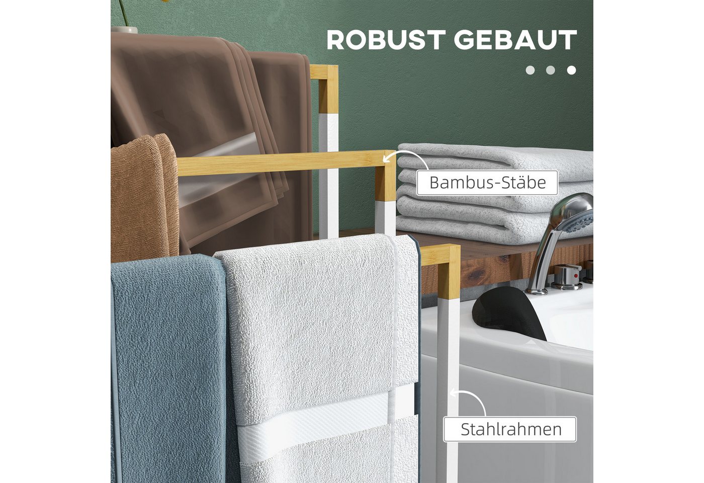 Kleankin Handtuchhalter Stehend Handtuchständer, Handtücher, Badetücher, Badezimmerzubehör Stahl Bambus Schwarz – Bild 5 von 5