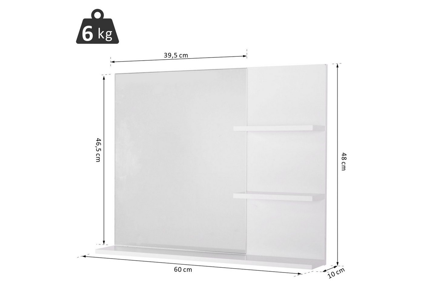 Kleankin Spiegel Badspiegel mit 3 Ablagen, Wandspiegel Badezimmerspiegel (Spiegelregal, 1-St., für Badezimmer), Weiß, 60 x 10 x 48 cm – Bild 3 von 5