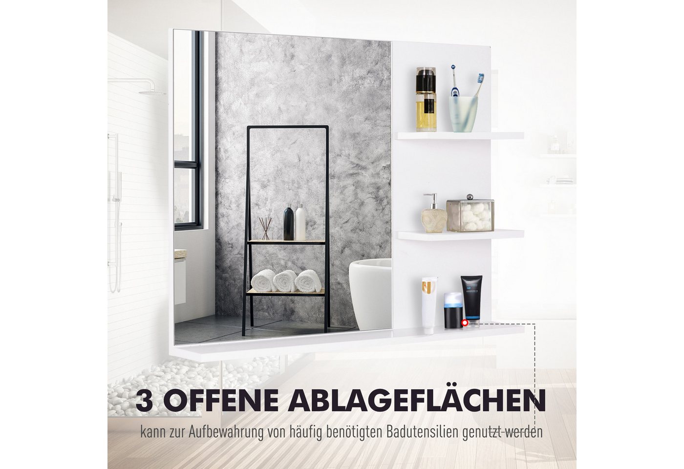Kleankin Spiegel Badspiegel mit 3 Ablagen, Wandspiegel Badezimmerspiegel (Spiegelregal, 1-St., für Badezimmer), Weiß, 60 x 10 x 48 cm – Bild 4 von 5