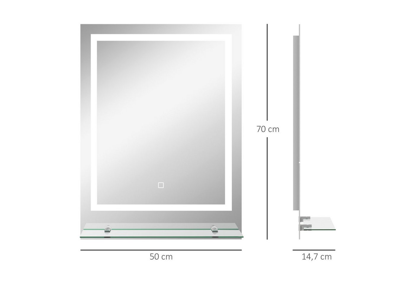 Kleankin Spiegel mit Beleuchtung, Touch-Schalter, Memory-Funktion (Wandspiegel, 1-St., Badezimmerspiegel), mit Anti-Beschlag, 70 x 50 cm – Bild 3 von 5