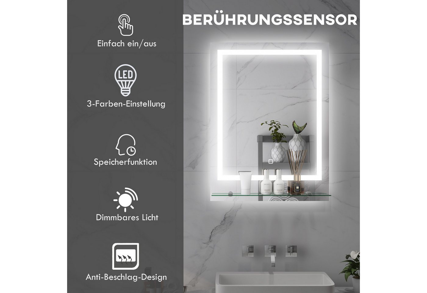 Kleankin Spiegel mit Beleuchtung, Touch-Schalter, Memory-Funktion (Wandspiegel, 1-St., Badezimmerspiegel), mit Anti-Beschlag, 70 x 50 cm – Bild 4 von 5