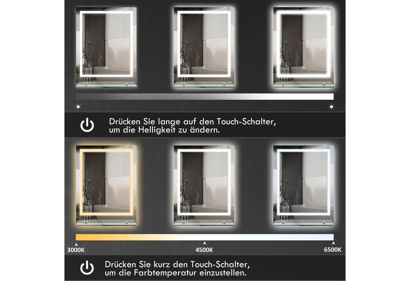 Kleankin Spiegel mit Beleuchtung, Touch-Schalter, Memory-Funktion (Wandspiegel, 1-St., Badezimmerspiegel), mit Anti-Beschlag, 70 x 50 cm – Bild 5 von 5