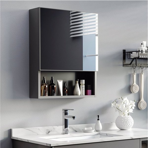 Kleankin Spiegelschrank Bad, Badezimmerschrank mit Spiegeltür, 2 Innenböden, Wandschrank (Badschrank, 1-St., Hängeschrank) Edelstahl, Glas, Schwarz, 46 x 13,5 x