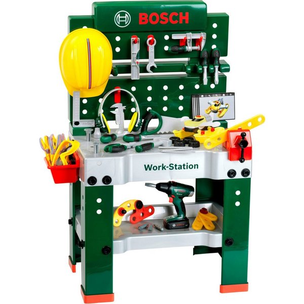 Klein Spielwerkbank BOSCH-Workstation Mega, mit Handwerker Set, mit BOSCH Akkuschrauber, Made in Germany