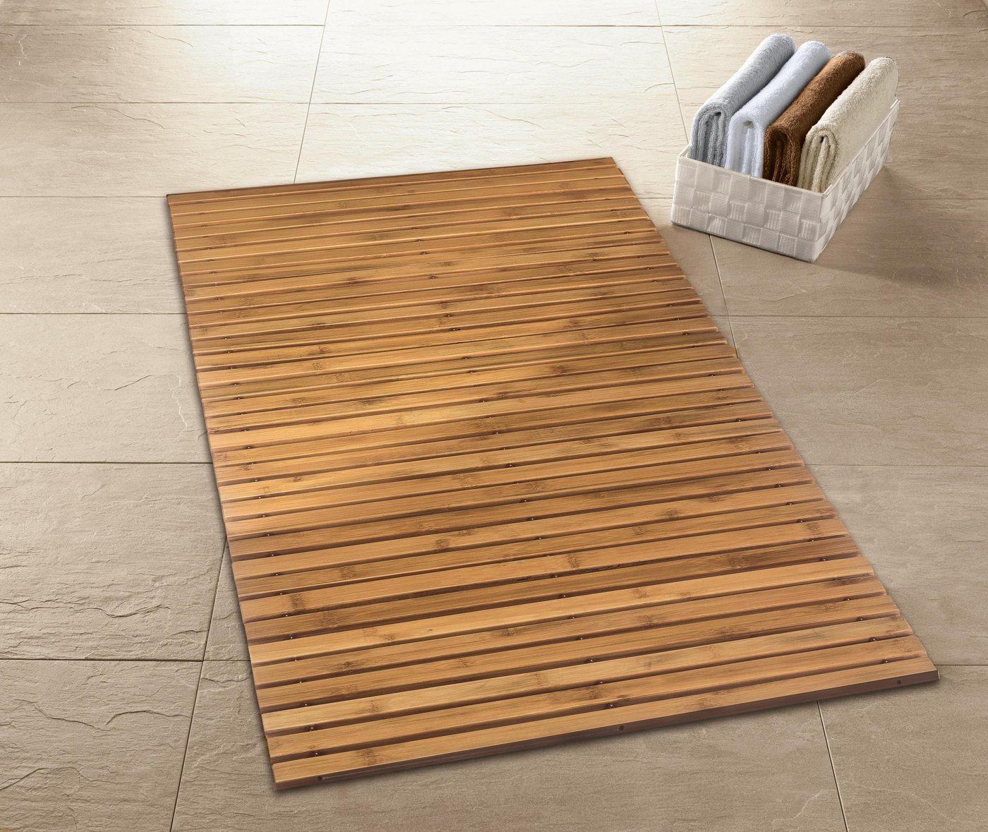 Kleine Wolke Badematte Level Holzmatte, Badvorleger, Höhe 8 mm, rutschhemmend beschichtet, fußbodenheizungsgeeignet, Bambus, rechteckig, 100% Bambus – Bild 3 von 4