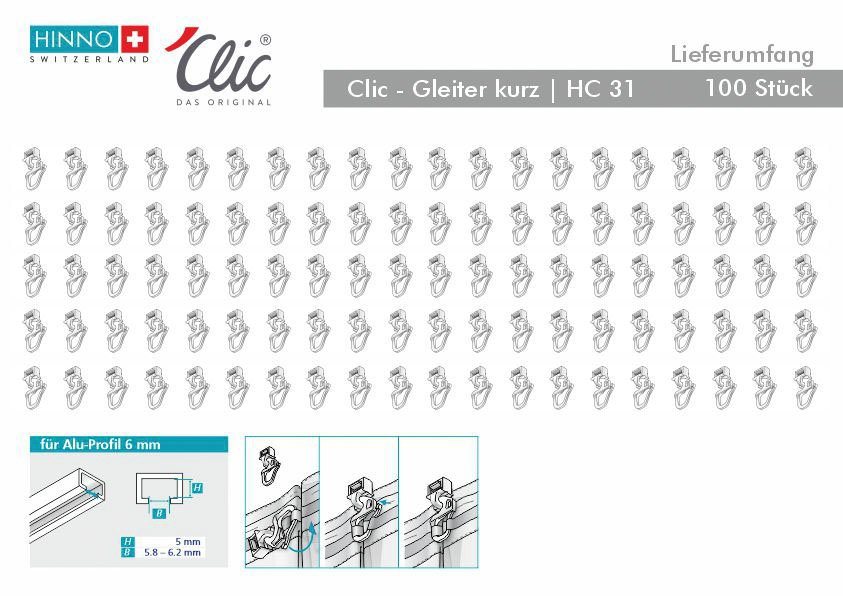 HINNO Klick-Gleiter hinno-clic HC31, Gardinen, Gardinenschienen, Vorhänge, Gardinenleisten, Innenlaufsysteme, Gardinenstangen, (100-St), HINNO Clic-Gleiter – Bild 4 von 5
