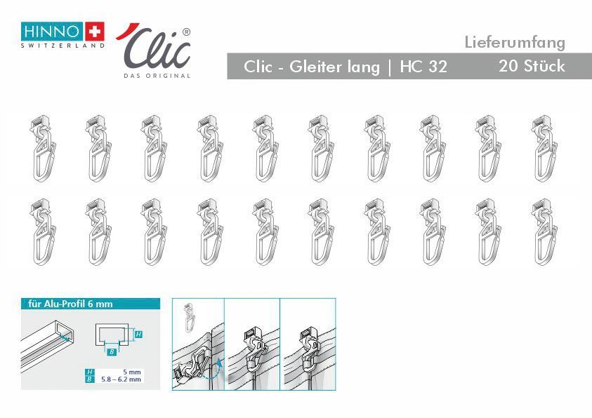 HINNO Klick-Gleiter hinno-clic HC32, Gardinen, Gardinenschienen, Vorhänge, Gardinenleisten, Innenlaufsysteme, Gardinenstangen, (20-St), HINNO Clic-Gleiter – Bild 4 von 5