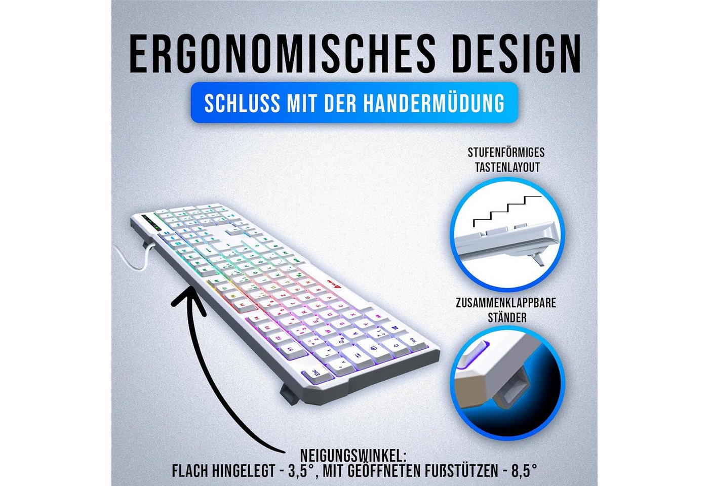 KLIM Chroma Gaming Tastatur, hintergrundbeleuchtete Tasten, Anti Ghosting Gaming-Tastatur (Deutsche Tastenbelegung, ergonomische Gaming Keyboard) – Bild 3 von 5