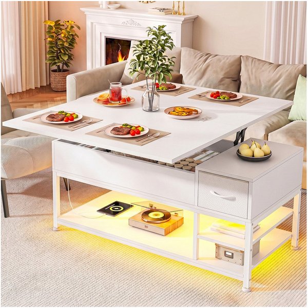Klyvvo Couchtisch Höhenverstellbar mit LED und Stauraum, 4-in-1 Wohnzimmertisch (1-St), Steckdosen, USB, Coffee Table für Wohnzimmer, Büro, 1 Schubladen