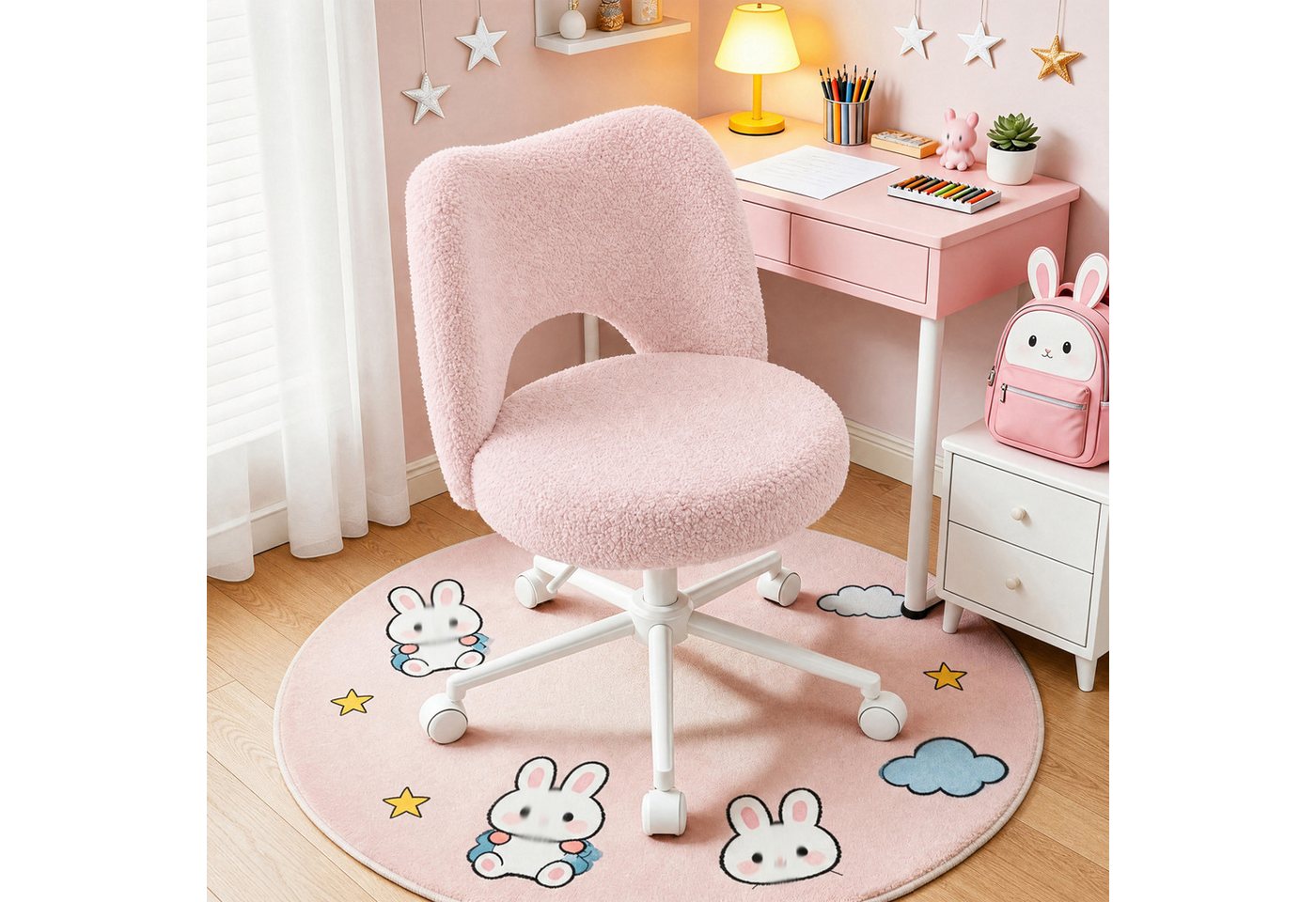 Klyvvo Drehstuhl mit Rollen, Atmungsaktive Kuschelige Teddyfell Schminkstuhl (1 St), höhenverstellbar, für Homeoffice, Büro, Zimmer – Bild 2 von 5