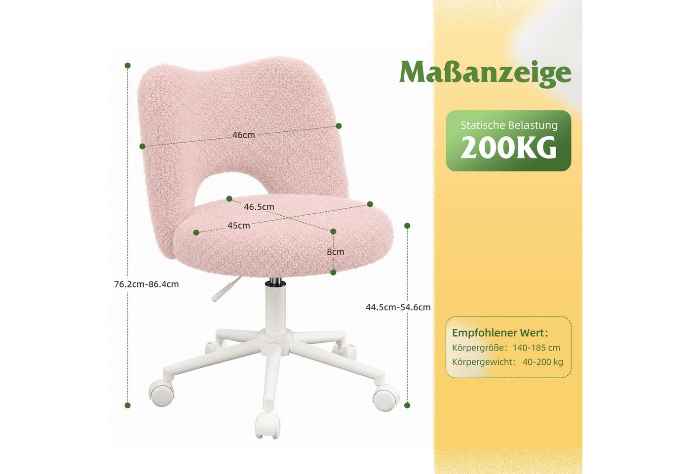 Klyvvo Drehstuhl mit Rollen, Atmungsaktive Kuschelige Teddyfell Schminkstuhl (1 St), höhenverstellbar, für Homeoffice, Büro, Zimmer – Bild 3 von 5