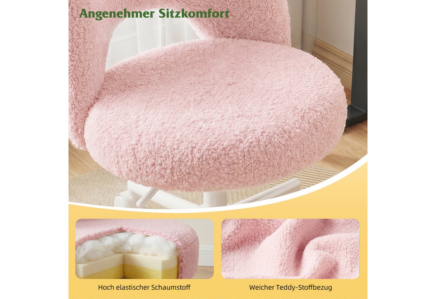Klyvvo Drehstuhl mit Rollen, Atmungsaktive Kuschelige Teddyfell Schminkstuhl (1 St), höhenverstellbar, für Homeoffice, Büro, Zimmer – Bild 4 von 5