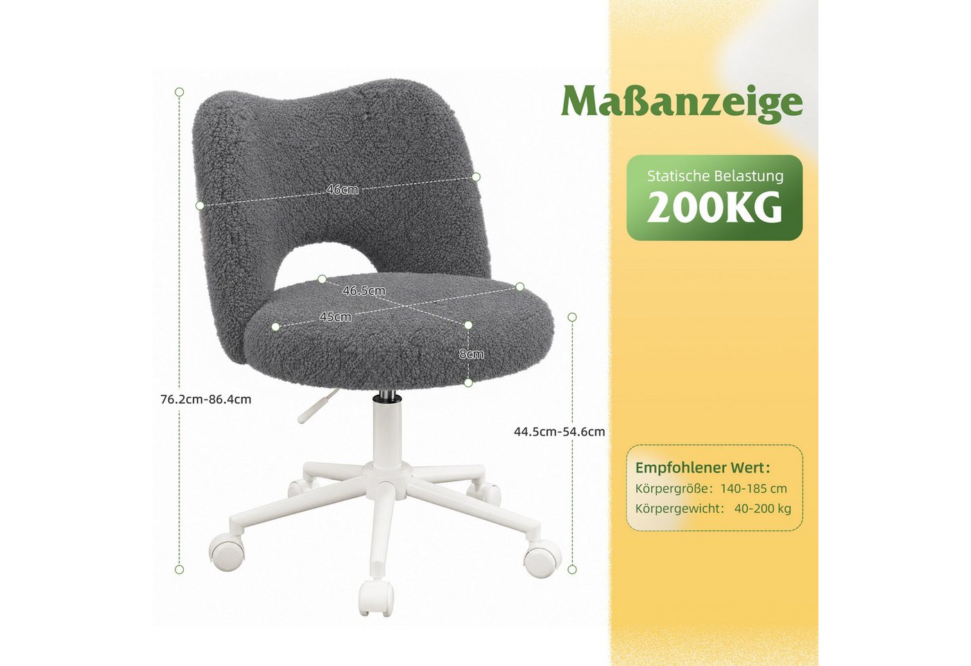 Klyvvo Drehstuhl mit Rollen, Atmungsaktive Kuschelige Teddyfell Schminkstuhl (1 St), höhenverstellbar, für Homeoffice, Büro, Zimmer – Bild 3 von 5