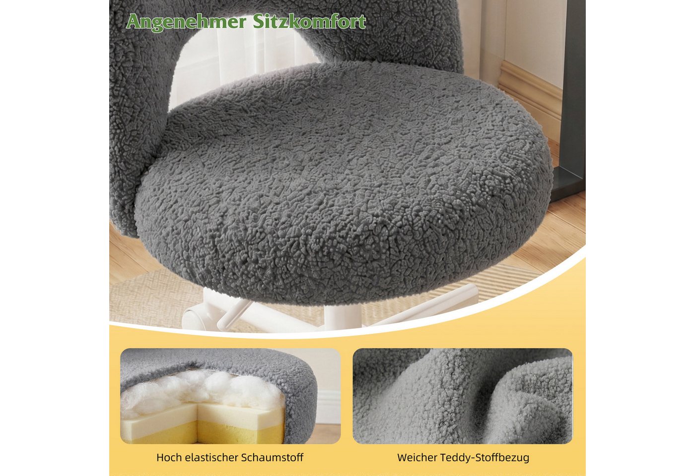 Klyvvo Drehstuhl mit Rollen, Atmungsaktive Kuschelige Teddyfell Schminkstuhl (1 St), höhenverstellbar, für Homeoffice, Büro, Zimmer – Bild 4 von 5